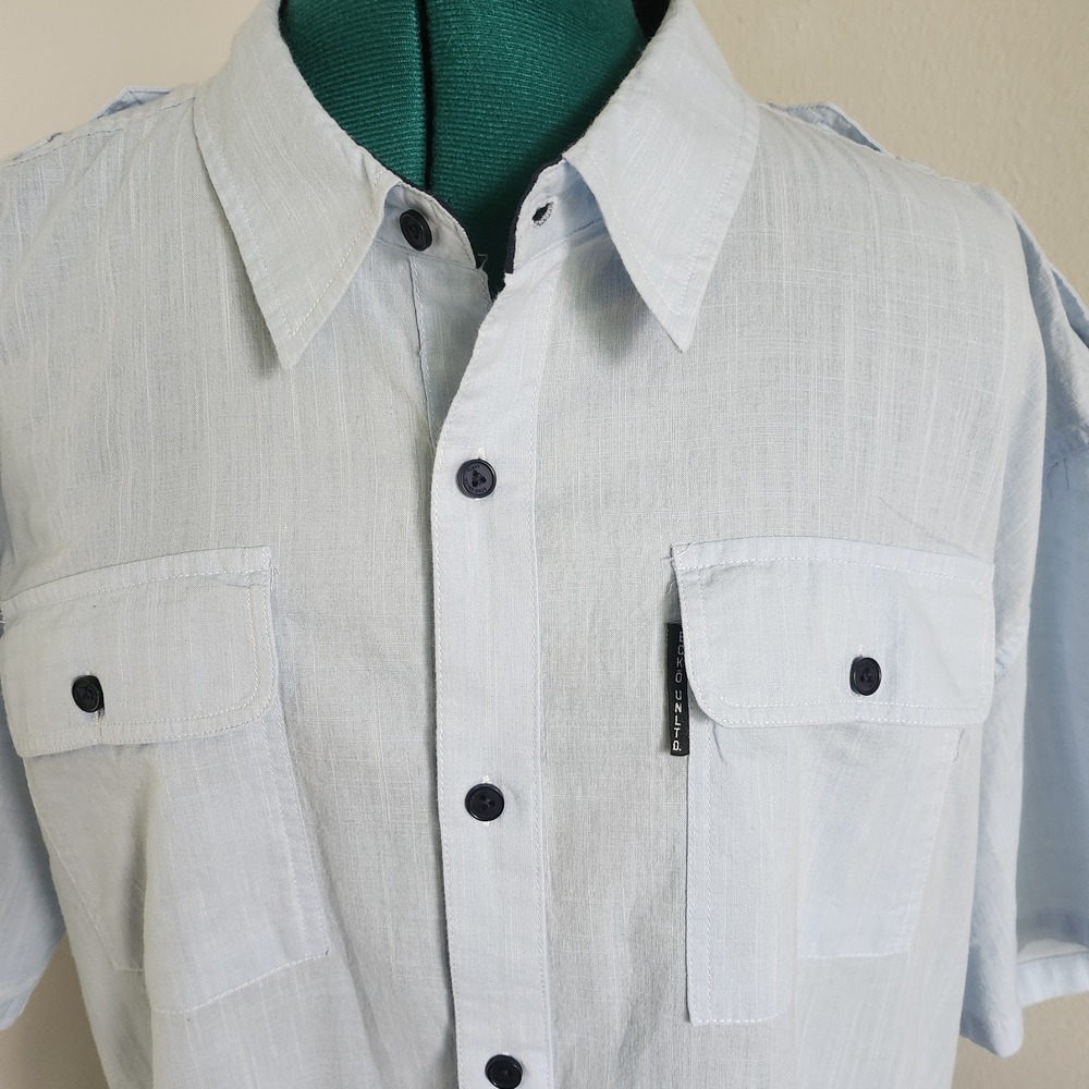 Ecko Unltd Button Up Utility Shirt Mens XXL Blue Short Sleeve Lightweight Cotton